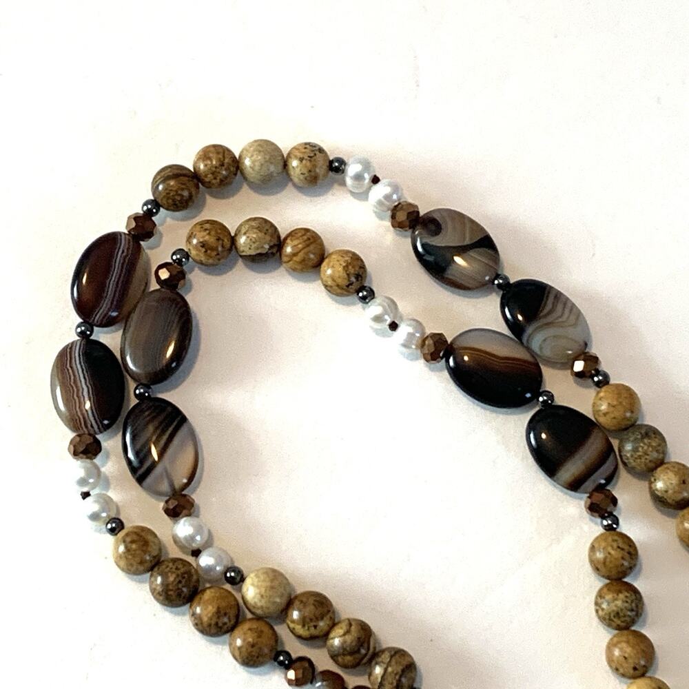 Vtg Agate Cultured Pearl Necklace Polished Gemstones Bold Southwest Statement - Picture 8 of 13